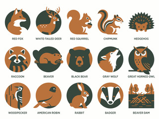 Fototapeta premium Forest Animals and Wildlife Sweater Weather, autum, icon pack with Minimalist Flat Circular Designs