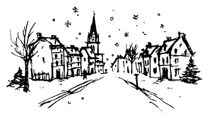 Naklejka premium European old town street with houses and church steeple under snowy sky in sketchy ink style