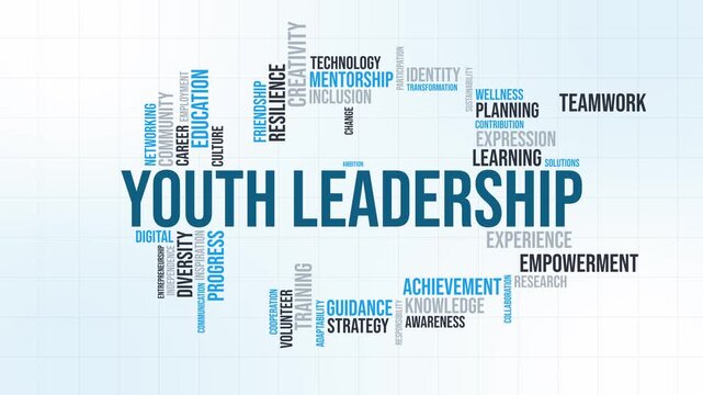 Youth Leadership Word Cloud Typography Graphic on Light Blue Grid Background