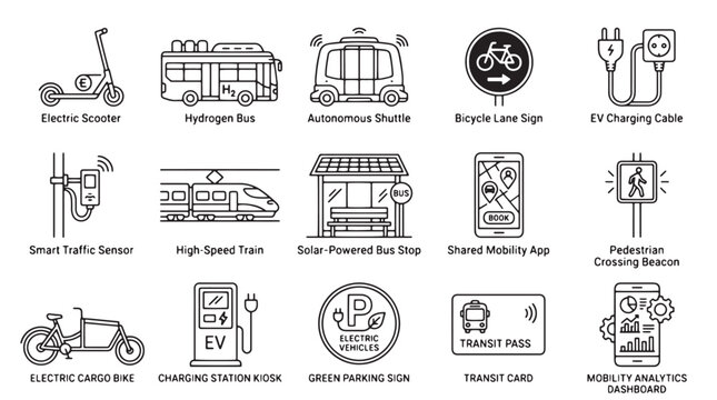 Smart city transportation icons, set of 15 thin line mobility symbols, eco-friendly urban transit vector elements for sustainable infrastructure