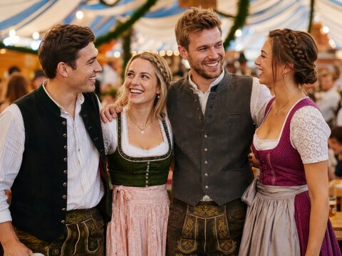 Freunde in Dirndl und Lederhose im Festzelt &ndash; Vier junge Erwachsene feiern gemeinsam, lachen herzlich und genie&szlig;en Geselligkeit, Freundschaft und bayerische Tradition.