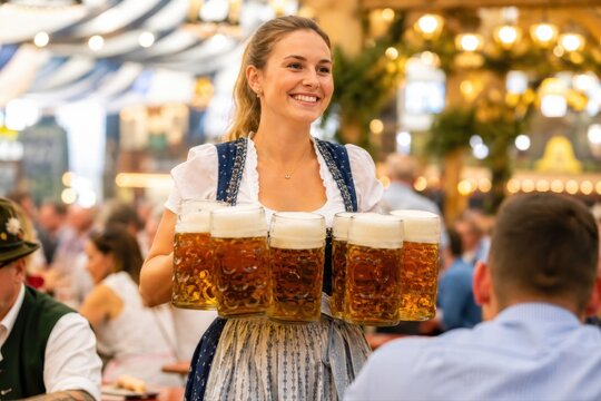 Kellnerin im Dirndl serviert sechs Ma&szlig;kr&uuml;ge &ndash; Die junge Bedienung tr&auml;gt frisches Bier sicher durch das volle Festzelt und verk&ouml;rpert Service, St&auml;rke und bayerische Tradition.