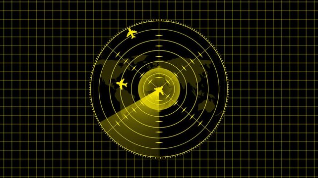 Digital radar screen with airplane tracking and map background
