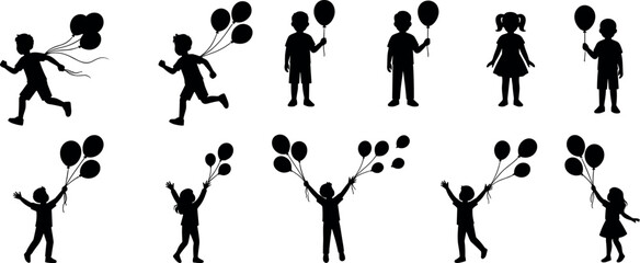 Children Holding Balloons Silhouettes Running Standing and Cheering Boys and Girls Vector Set