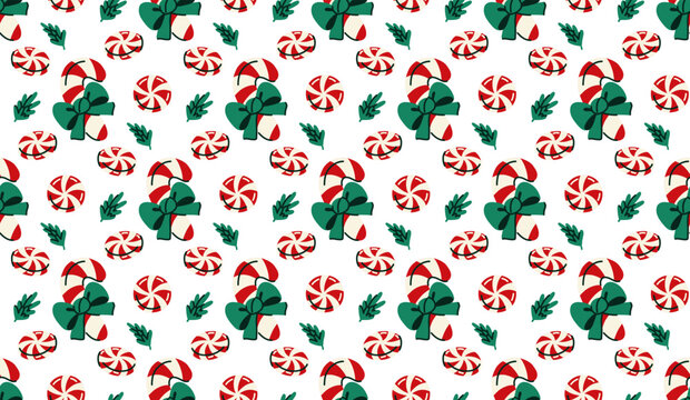 Seamless Christmas Candy and Holly Pattern Hand Drawn Holiday Sweet Background with Peppermint Candy for Fabric, Gift Wrap, Textile, Seasonal Packaging and Winter Decor