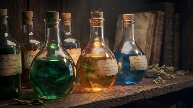 Colorful glass potion bottles on aged wooden shelf