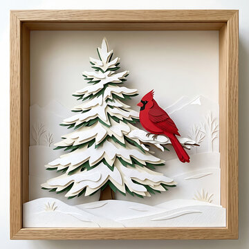 Cute christmas tree with red cardinal bird