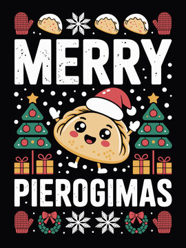 A whimsical Christmas card featuring a cute pierogi with a Santa hat. Christmas trees, snowflakes, and gifts add to the festive theme.