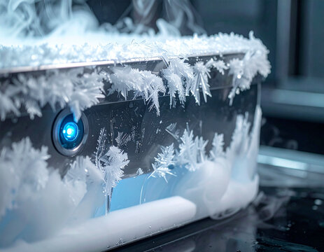 Extreme close-up of cryogenic cooling system covered in sharp frost crystals with a glowing blue LED