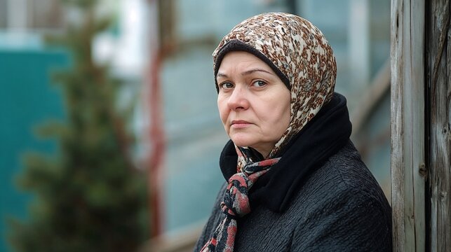 Realistic portrait of a middle-aged woman wearing a patterned headscarf and dark coat outdoors