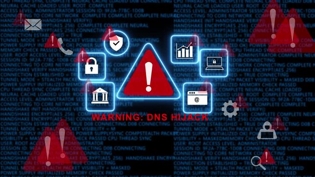 Cybersecurity warning dns hijack alert featuring digital threat network security breach notification, malicious hacker activity, data protection risk, and system vulnerability warning animation