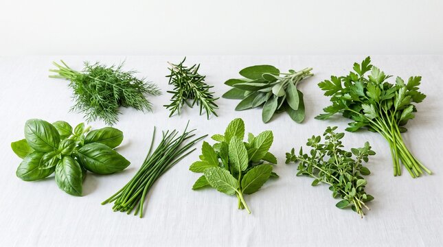 A vibrant collection of fresh culinary herbs including basil, dill, rosemary, sage, parsley, chives, oregano, and thyme are artfully arranged.
