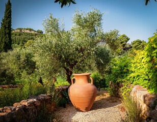 Obraz premium traditional clay amphora in a lush mediterranean garden