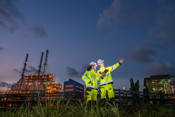Technician teamwork inspecting petroleum engineering in oil refinery inspection check collaboration...