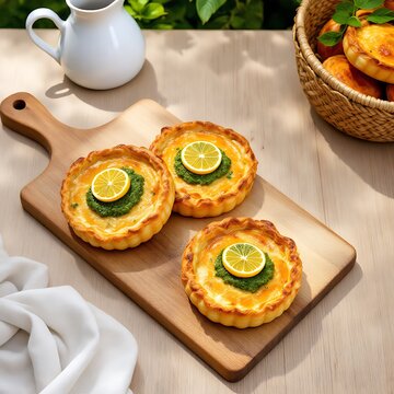 Delicious Lemon Herb Mini Tarts On Wooden Board With Fresh Ingredients