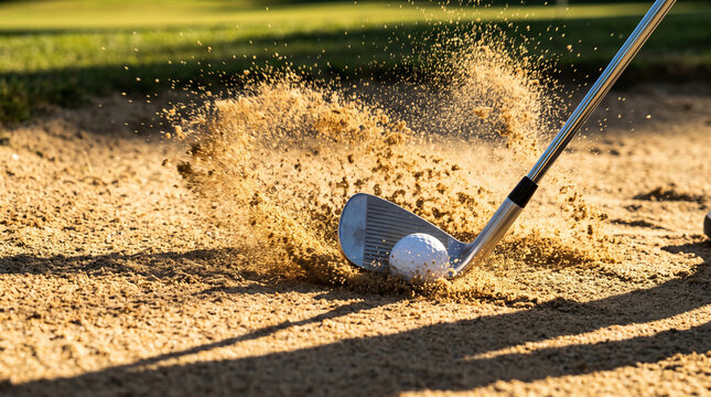 A beautifully detailed photorealistic stock photograph capturing a steel golf iron striking a white ball in a sandy bunker with an explosive cloud of fine sand in mid-air.
