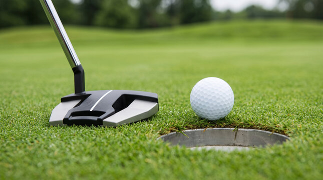 A beautifully detailed photorealistic stock photograph capturing a modern mallet putter resting on a green next to a hole with a white ball sitting right on the edge.