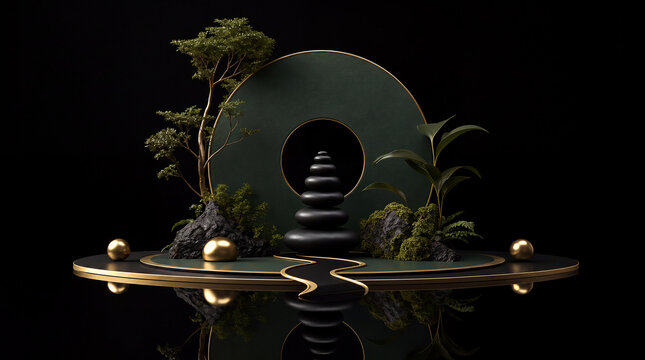 Home or office ornament of a serene 3D zen scene with stacked black stones, tree, moss rocks, gold orbs on green gold platform, circular dark backdrop and reflections