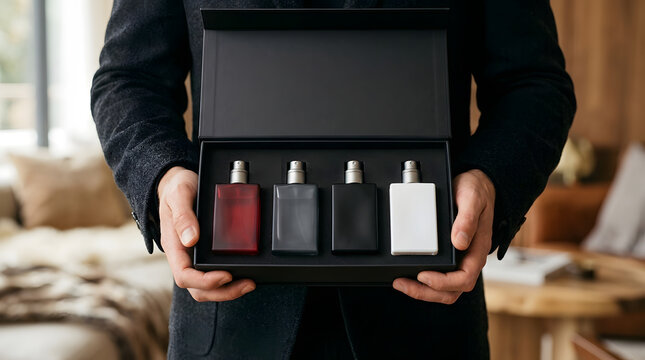 A man in a suit holding an open luxury gift box containing four different bottles of cologne