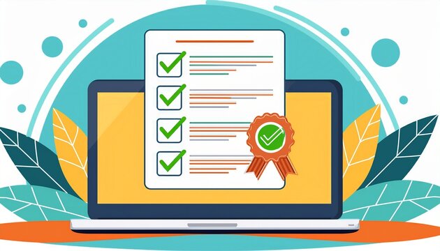 digital checklist with certification badge and checkmarks on laptop image