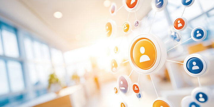 Floating User Profile Icons in Bright Office for Social Network Concept