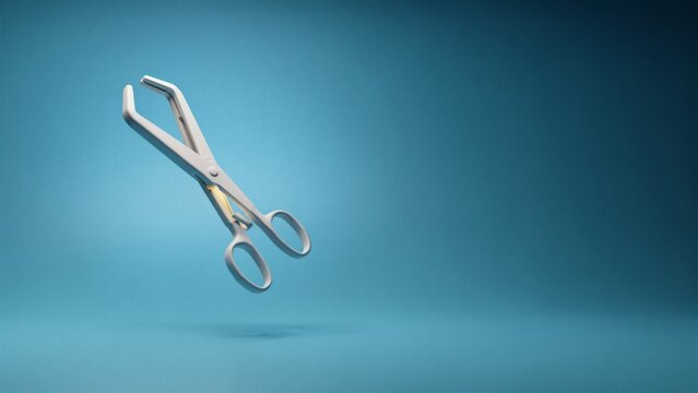 Modern surgical scissors floating against blue background with depicts metallic surgical instrument floating diagonally against smooth blue backdrop