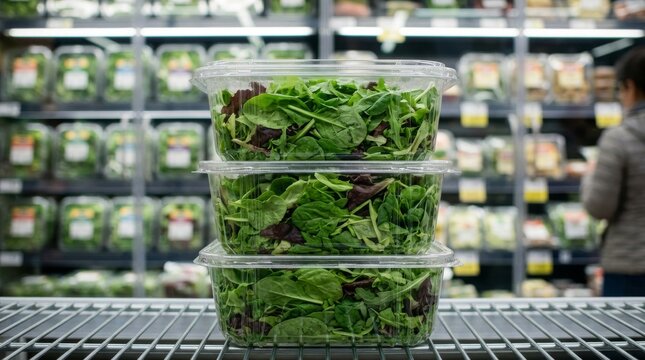 Stack of pre-packaged fresh salad greens in a grocery store.