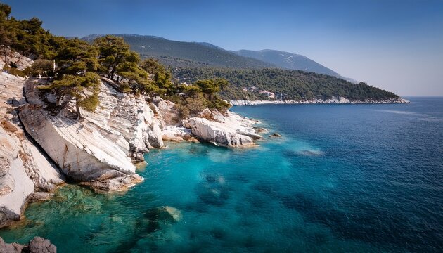 scenic view of rocky white marble coastline in thassos greece