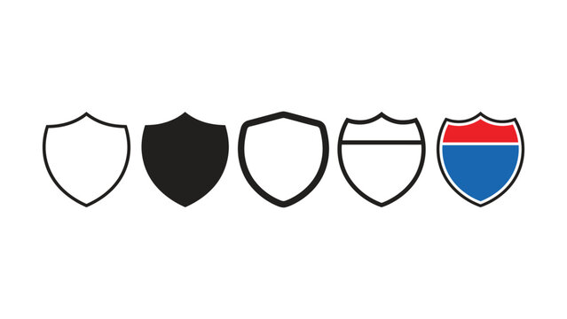 Five different colored shield icon in various styles and colors side by side on a white background
