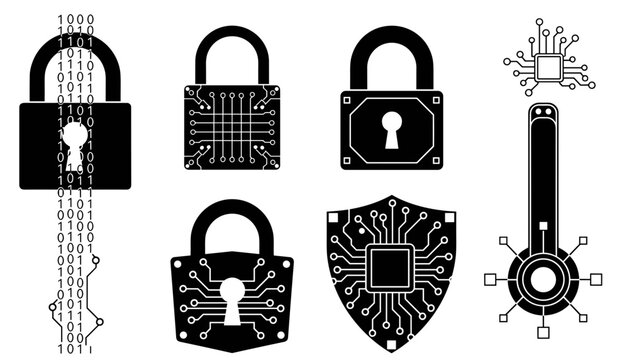 Digital cyber security padlocks microchip pattern vector icons
