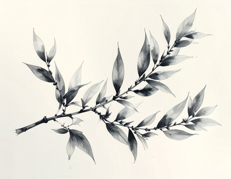 Vertical willow branch botanical ink illustration with delicate curved leaves