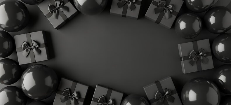 Black and white flat lay background with a copy space surrounded by wrapped christmas gift boxes