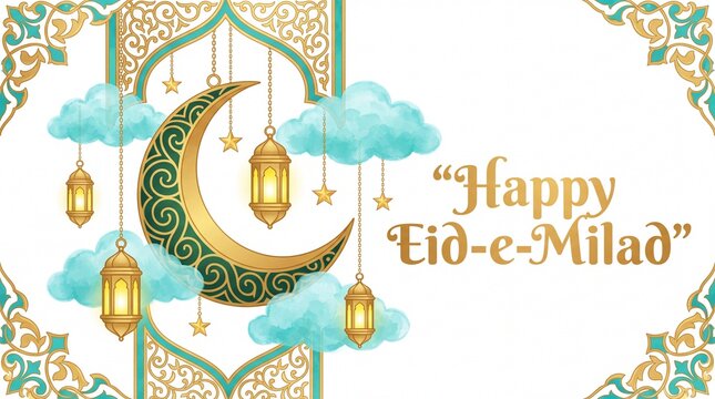 Decorative illustration featuring crescent moon, clouds, and lanterns with text "Happy Eid-e-Milad" in an ornate border design