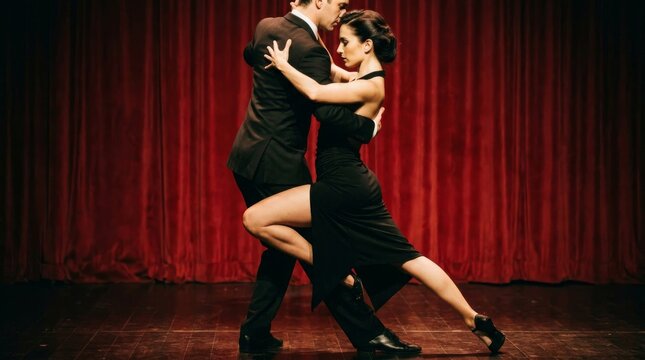 Passionate couple performing an elegant tango dance on stage.