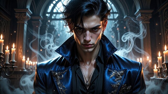 Enigmatic Gothic Vampire in Ornate Blue Velvet Coat
