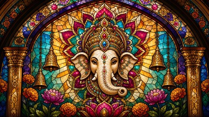 Fototapeta premium Premium Ganesh Chaturthi Stained Glass Temple Window Featuring Sacred Ganesha Mosaic Art