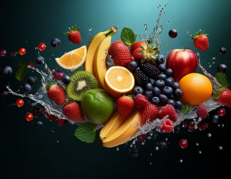 healthy fruit ingredients arranged in dynamic motion with premium commercial presentation style