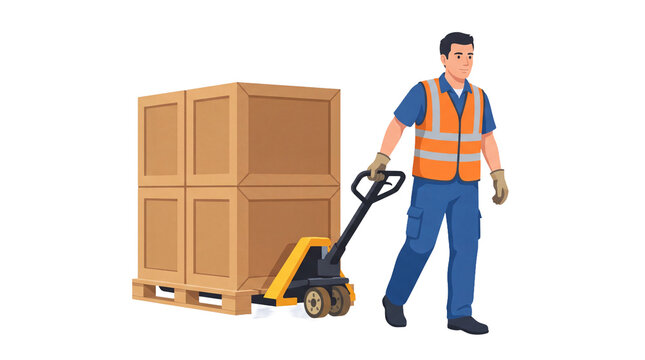Warehouse worker using a hand pallet jack to transport cardboard boxes on a wooden pallet in a logistics environment