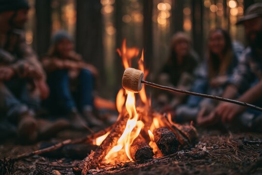 Warm glow of a forest campsite as people toast marshmallows by a crackling fire