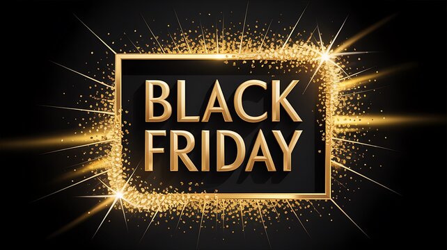 Black friday sale banner with glowing gold frame and sparkles on a dark background for retail promotion