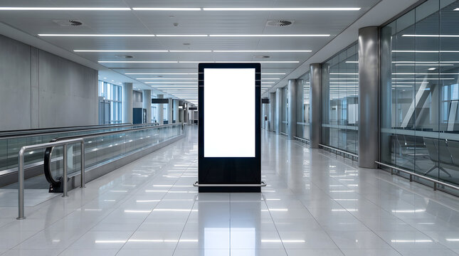 Blank vertical digital signage display mockup standing in a modern airport terminal hallway with moving walkways