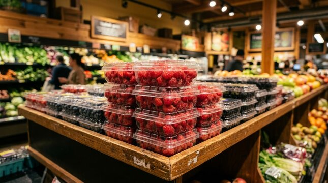 Fresh Raspberries and Blackberries for Sale at Grocery Store.