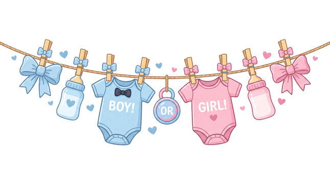 Baby shower illustration featuring blue and pink onesies, bottles, and bows hanging on a clothesline with hearts and a "Boy or Girl" sign