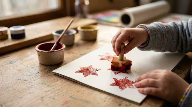 A close-up of a childs hands creating star patterns on paper with a carved potato stamp.