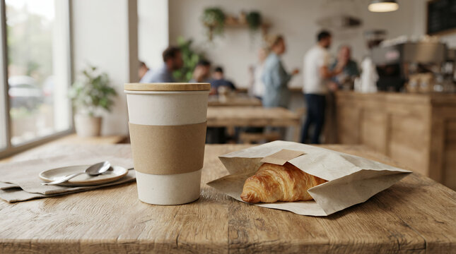 Coffee cup and cookie on wooden table in cozy cafe