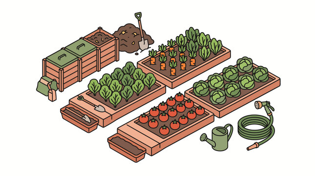 Isometric raised garden beds with vegetables and tools