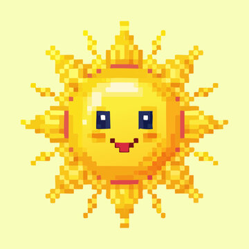 cute smiling yellow sun character bright sunshine mascot icon summer weather symbol retro pixel art vector graphic design illustration