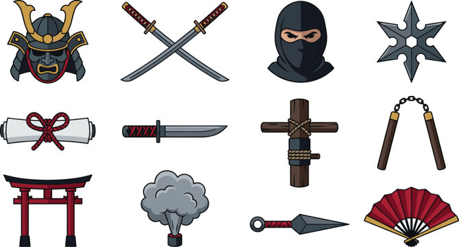 Japanese Ninja and Samurai Icon Set Featuring Katana Swords Shuriken Stars Kunai Daggers Torii Gate Nunchucks and Mask Characters for Gaming Graphic Designs