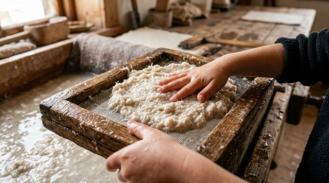 Traditional craft of handmade paper production.