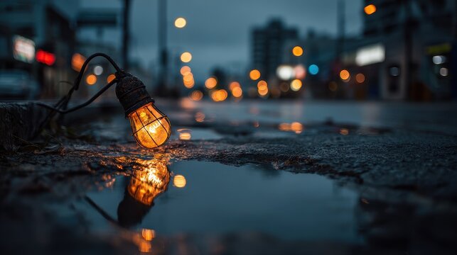 Broken street lamp on a rain-soaked urban street at night with amber glow